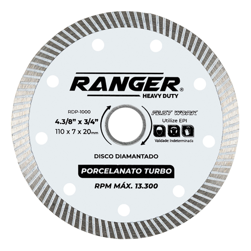 Disco Corte Diamantado Porcelanato Turbo 4.3/8" x 7/8" 22,23 mm RDP-1000 Ranger